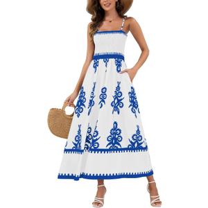 Summer Dress for Women Boho Floral Sundress 2025 Flowy Casual Spaghetti Strap A Line Beach Vacation Maxi Dress (White, S)