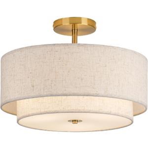 16" Double Drum Gold 3-Light Semi Flush Mount Ceiling Light, Classic Fabric Linen Shade Design for Living Room, Bedroom, Kitchen, Dining Room, Hallway and Entryway
