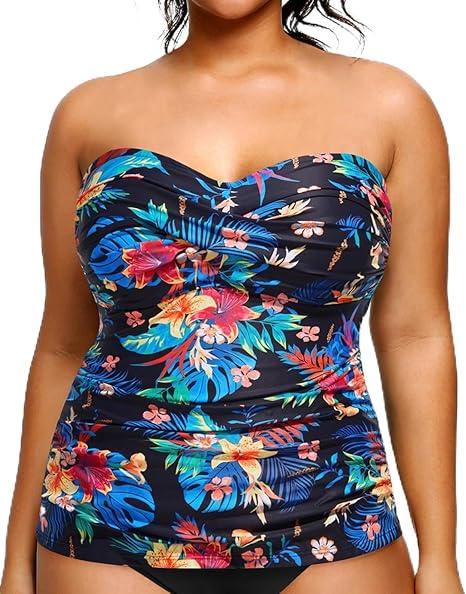 AQUA EVE  Tankini Top for Women Twist Front Bandeau Swimsuit Tummy Control Bathing Suit Tops Only No Bottom L
