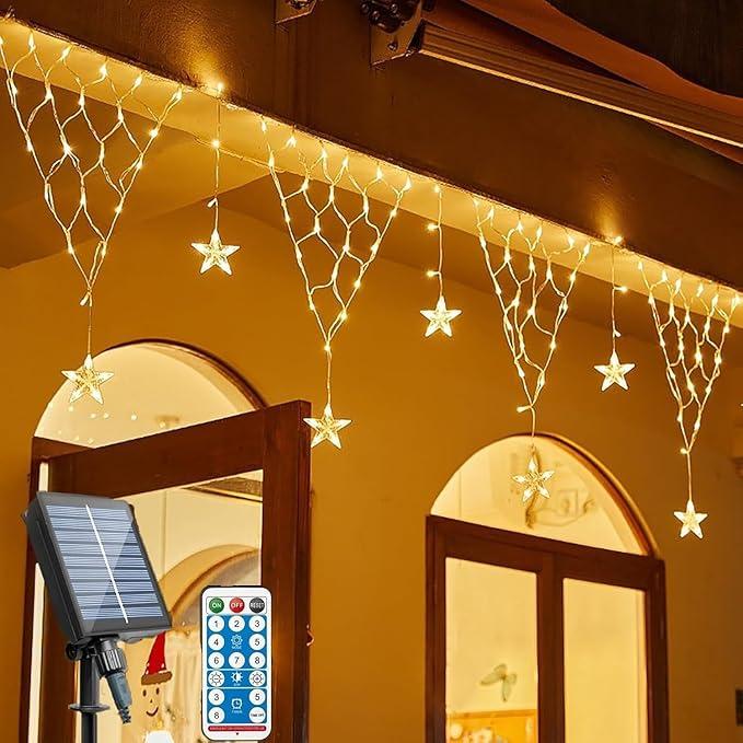 Solar Christmas Net Lights, 13.5ft 196 LED Waterproof Outdoor Christmas Decoration, 12 Stars 8 Modes and Remote Timer Curtain Fairy Lights, Balcony Fence Roof Holiday Decoration (Warm White)