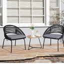3-Piece Metal Black Woven Rope Outdoor Bistro Set with Grey Cushions