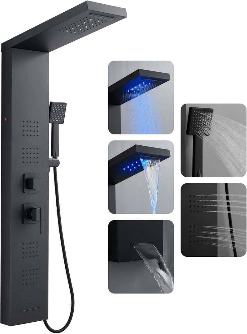 ROVOGO 46.5"H x 7.8"W Shower Panel Tower System with LED Lights, Rainfall Waterfall Shower Head, 4 Body Jets, Handheld Shower and Tub Spout, Stainless Steel Shower Column, Black