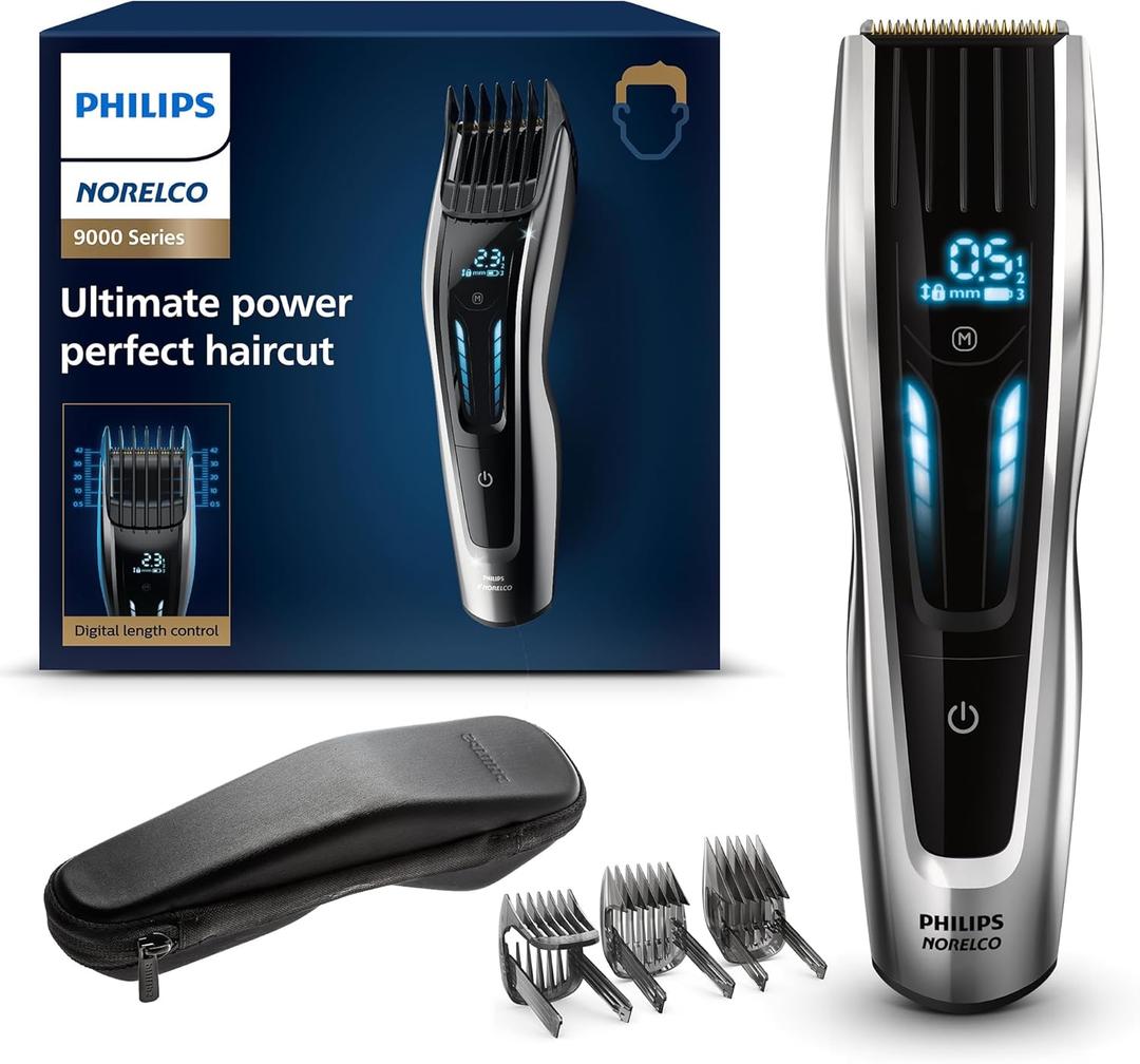 Philips Norelco Hair Clipper 9000 Series, Hair Trimmer, Auto Turbo, Dual Cut Technology, Motorized Combs, 400 Length Settings, 120 Min. Runtime, Zero Maintenance, HC9450/40 (Hair Clipper 9000, Black & Silver)