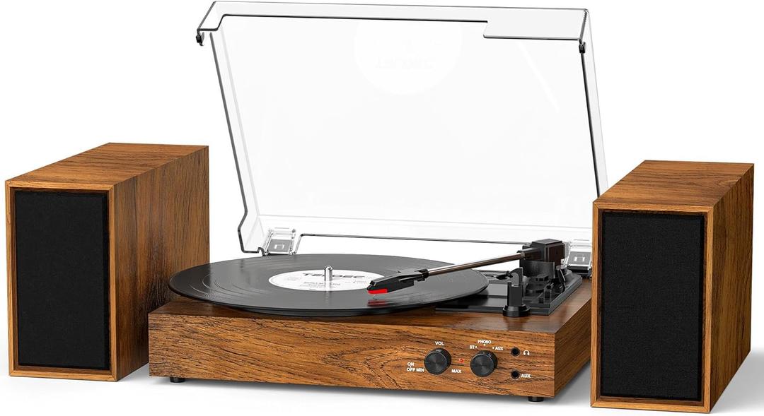 Vinyl Record Player with External Stereo Speakers, Vintage Bluetooth 3-Speed Turntable with Dual Stackable Speakers, PC Recording Vinyl to Digitia, RCA-Out& AUX-in, Retro Wood