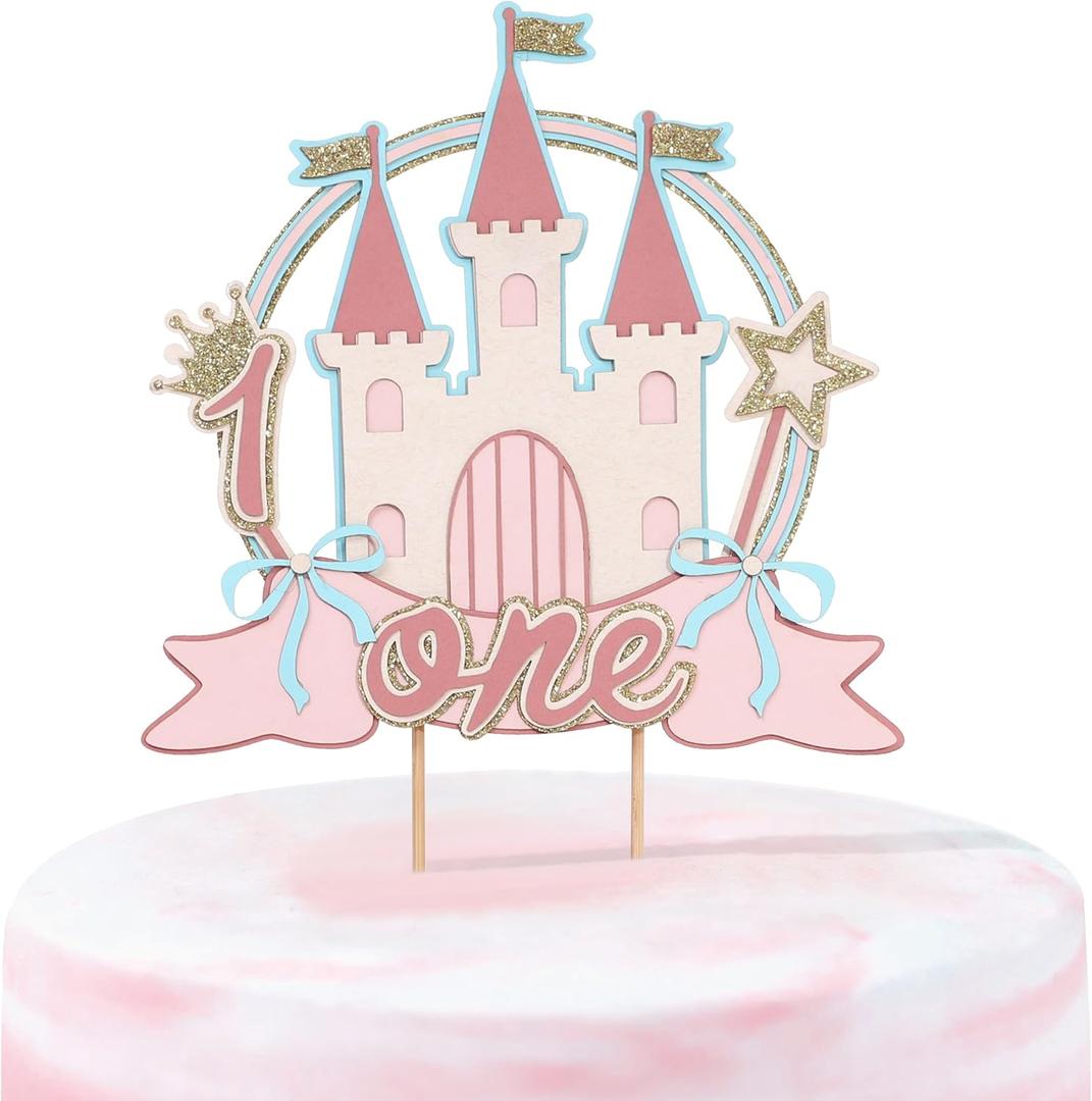 Princess Castle One Birthday Cake Topper - First Cake Decor Insert, 1st Pink Cake Topper for Birthday Party Supplies