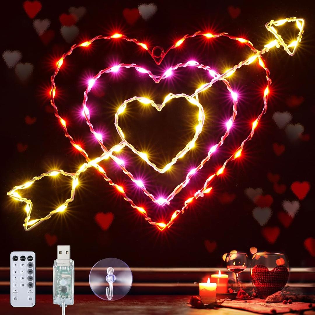 Hiboom 14 Inch Valentines Lights, 8 Lighting Modes Valentines Day Decorations with Remote, Light Up Hearts for Windows Valentines Day Decor, Red Outdoor Heart Lights for Front Door Wedding