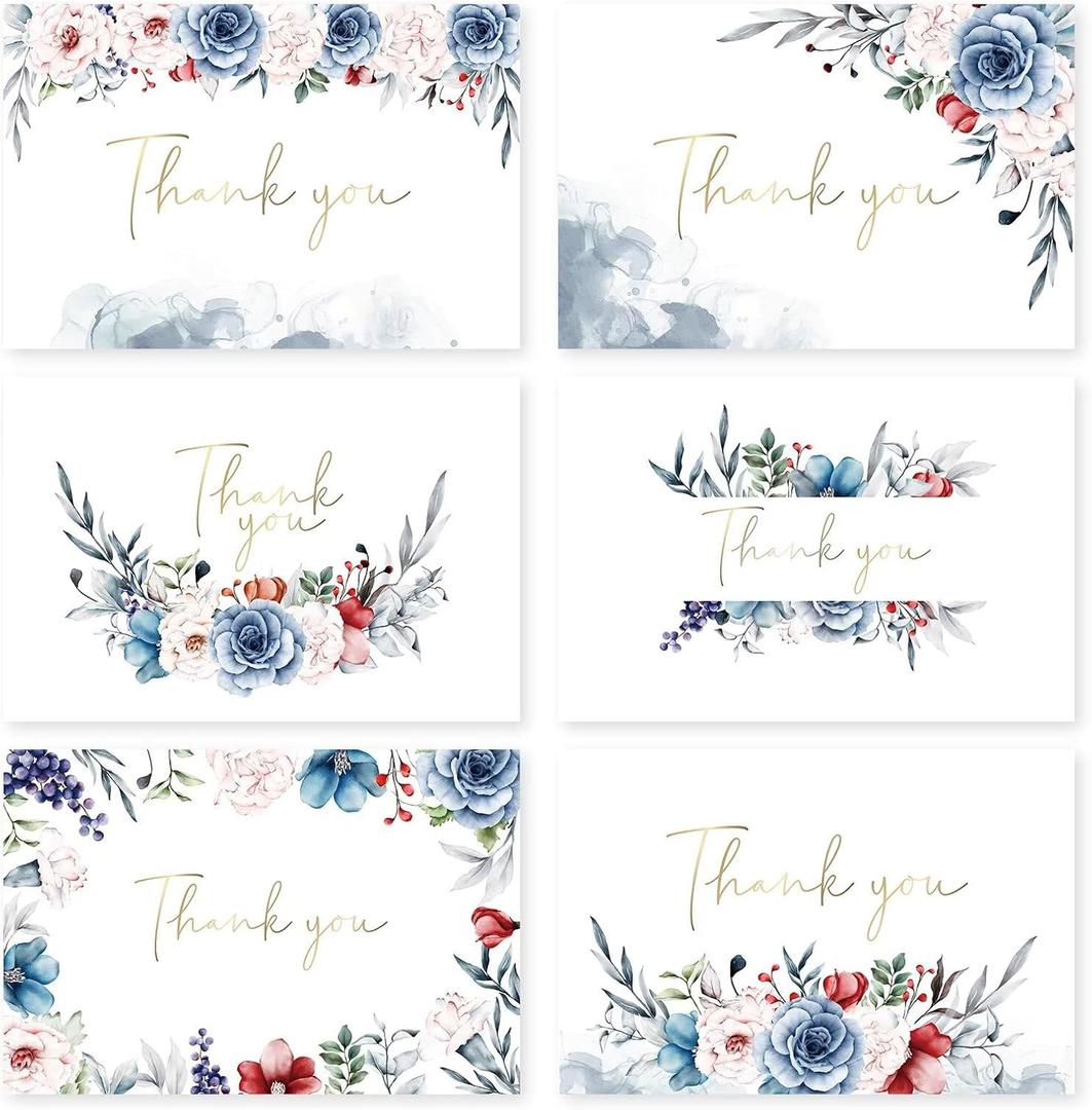 48 Pack Pre-Folded Floral Thank You Cards with Envelopes & Stickers, 6 Elegant Designs for Wedding, Baby Shower, Bridal Shower, Teacher Gifts (Crimson Bloom)