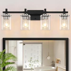 4-Lights Black and Brushed Nickel Vanity Lights with Clear Glass Shade, Bathroom Wall Light Fixtures, 30.3 Inch Large Vanity Lighting Fixture for Bathroom Mirror Living Room