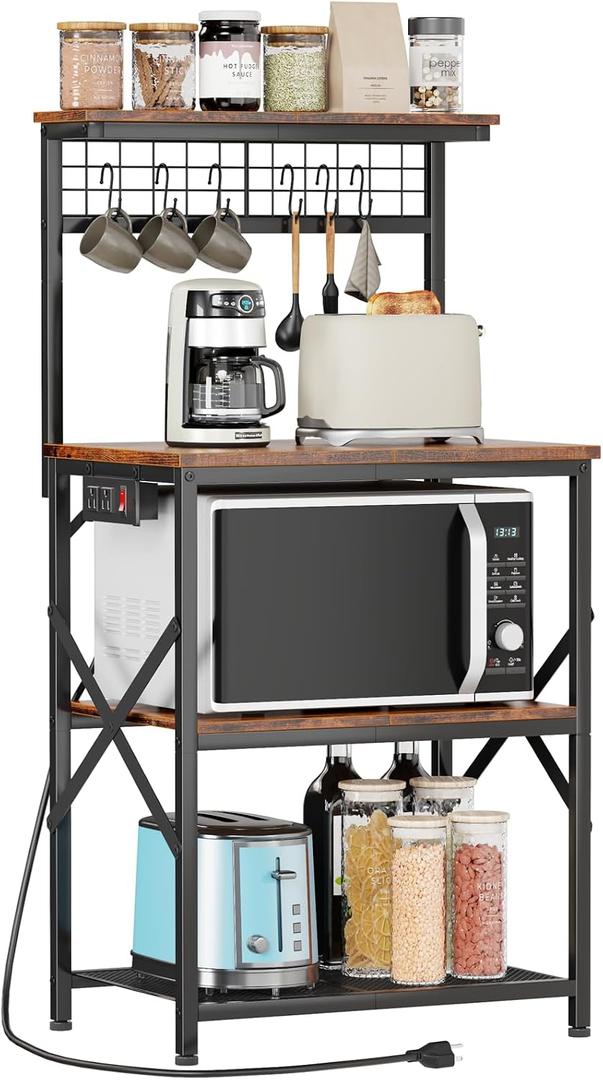 Furologee Kitchen Bakers Rack with Power Outlet, Microwave Oven Stand with Storage 4 Tiers, Coffee Bar Table with 6 S Hooks, Kitchen Storage Shelf Rack for Spices, Pots, Rustic Brown, 22inch
