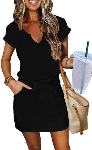 SAUKOLE Women Summer T Shirt Dress Casual Short Sleeve V Neck Dress with Pockets Drawstring Waist Short Dresses M