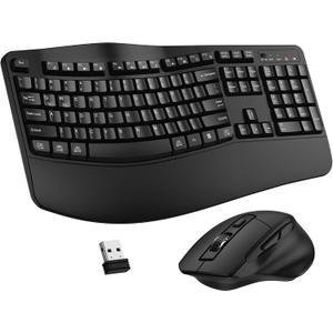 Wireless Keyboard and Mouse Combo, 2.4G Full Size Wave Keys Ergonomic Keyboard with Wrist Rest and 3-Level DPI Adjustable Wireless Ergonomic Mouse for Windows, Mac OS Desktop/Laptop/PC (Black)