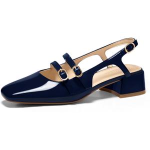 Coutgo Women's Mary Jane Chunky Low Heels Slingback Pumps Closed Square Toe Wedding Dress Shoes (7, Navy)