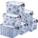 Vesici 6 Pack Christmas Basket for Gifts Empty Watercolor Blue Floral Christmas Storage Bins with Handle Foldable Storage Box Canvas Laundry Basket for Xmas Office Home Bedroom Clothes