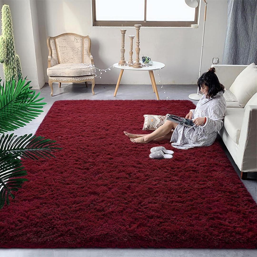 DweIke Fluffy Burgundy Red Rugs for Bedroom Living Room, 3x5 Feet Soft Plush Shaggy, Maroon Girls Boys Kids Rug, Non-Slip and Machine Washable Carpet for Dorm Nursery Classroom Decor