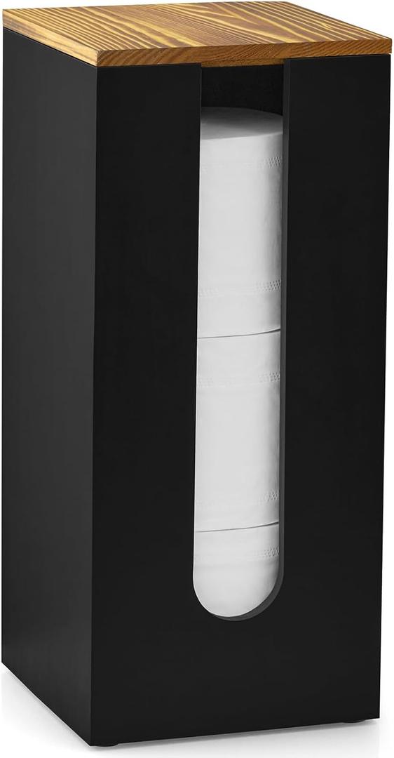 Black Freestanding Wooden Toilet Paper Holder Stand, Rustic Bathroom Storage Organizer with Burnt Wood Lid, Fits 3 Extra XXL Toilet Paper Rolls