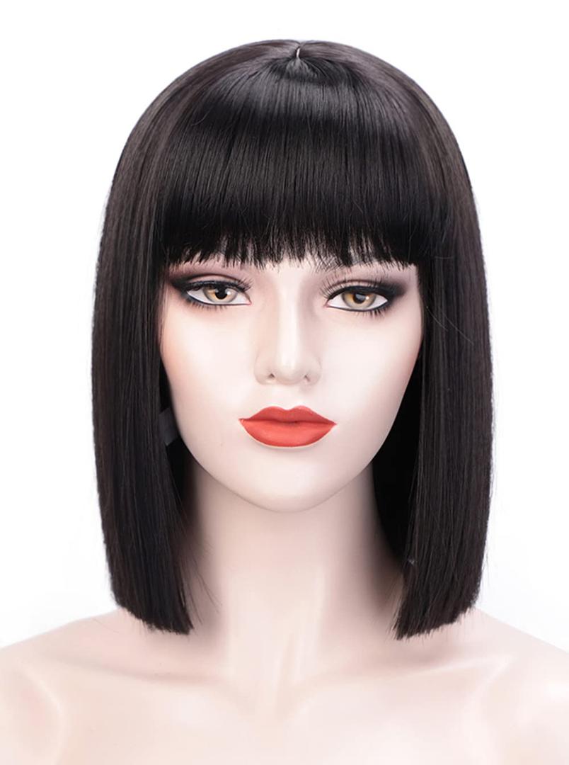 Short Black Wigs for Women Costume 12'' Black Bob Wig with Bangs Cute Natural Soft Hair Wigs for Daily Party AD016BK1