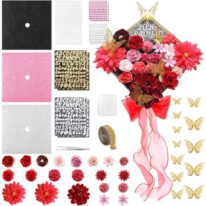 Harsever 48Pcs Graduation Cap Decorations DIY Kit,Grad Cap Decorations Decor with Faux Flower 3D Butterfly Rhinestones Alphabet Letter Stickers for DIY Graduation Party Supplies (Red)