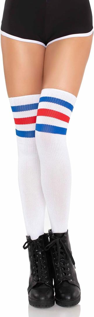Leg Avenue Women's Three Stripes Athletic Ribbed Thigh High Socks (Red/White/Black)