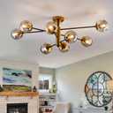 hesoge 8 Light Sputnik Semi Flush Mount Ceiling Light Fixture Mid Century Modern Chandelier with Glass Globe Black Gold Ceiling Lighting for Dinning Room Farmhouse Kitchen Bedroom Living Room