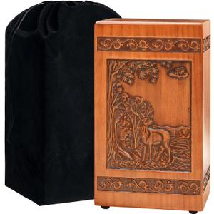 Deer Carving Wood Urns for Human Ashes Adult Man - 250 Cubic Inch Cremation Urn Box for Ashes Adult Male, Funeral Memorial Decorative Urn with Satin Bag