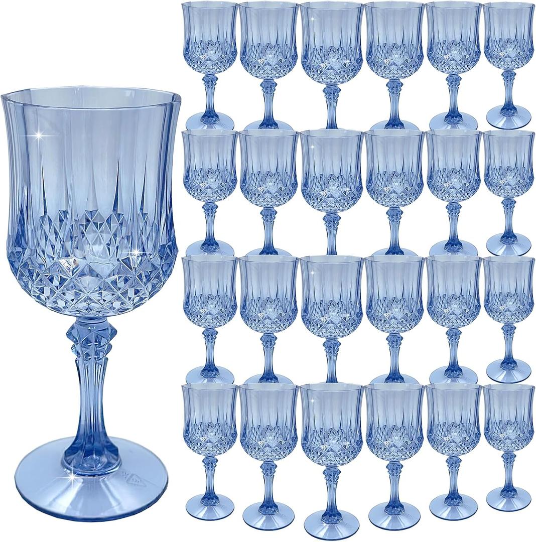 Plastic Wine Glasses, Plastic Goblets Vintage Style Cordial Unbreakable Drinking Glasses Reusable Drinkware for Wedding Reception, Grand Event Party Supplies(24, Blue)
