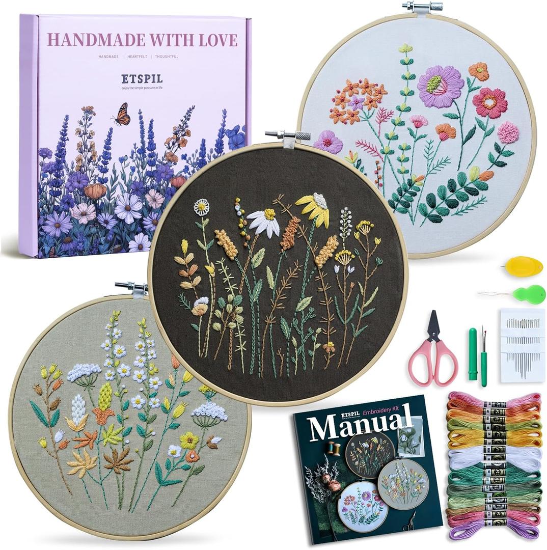 ETSPIL Pack of 3 Beginner Embroidery Kits for Adults, DIY Starter Set with Stamped Flower Designs, Embroidery Hoop, Colorful Threads, Tools, Step-by-Step Instructions & Video Tutorial