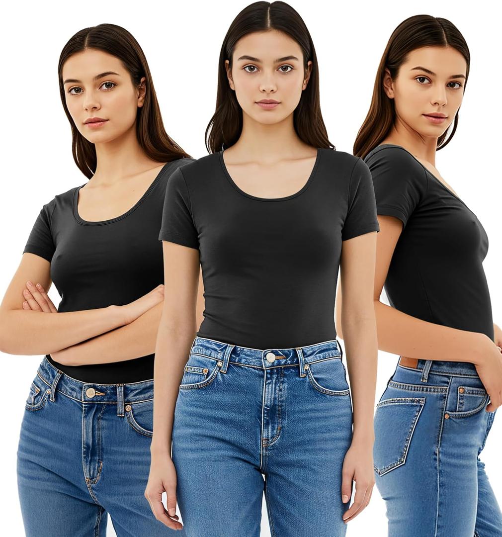 Emmalise Women's Short Sleeve Tshirt Scoop Neck Tee Value Pack Junior Plus Sizes (X-Large, 3 Pack - Bk, Bk, Bk)