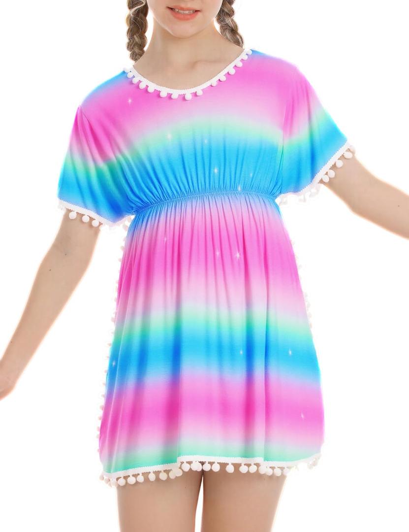 Girls Swimsuit Cover Up Size 6-7 Years Old Pink Green Gradient One Piece Cute Swimsuit Coverup