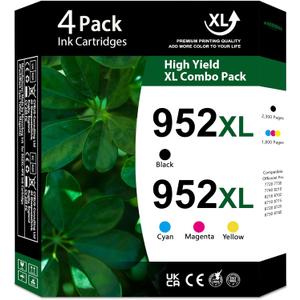 952XL High-Yield Ink Cartridges Combo Compatible 952 952XL Ink Cartridge Replacement for HP OfficeJet Pro 7740 7720 8210 8710 8720 8702 8725 Printer (4-Pack, 1Black/1Cyan/1Magenta/1Yellow)