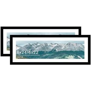 QOTIB Wood 8x24 Picture Frame with 6x22 Mat, Display 6x22 with Mat or 8x24 Without Mat, Wood 8 by 24 Photo Frame, 8 x 24 Frame for Wall Hanging Display, Black, 2 Pack