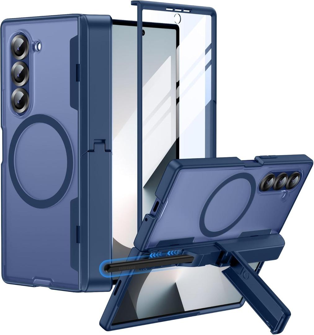 for Samsung Galaxy Z Fold 6 Case with S Pen Holder, Fit for MagSafe, Built-in Screen Protector, Hinge Cover & Stand, Translucent Matte Full Body Protection Phone Case, Blue