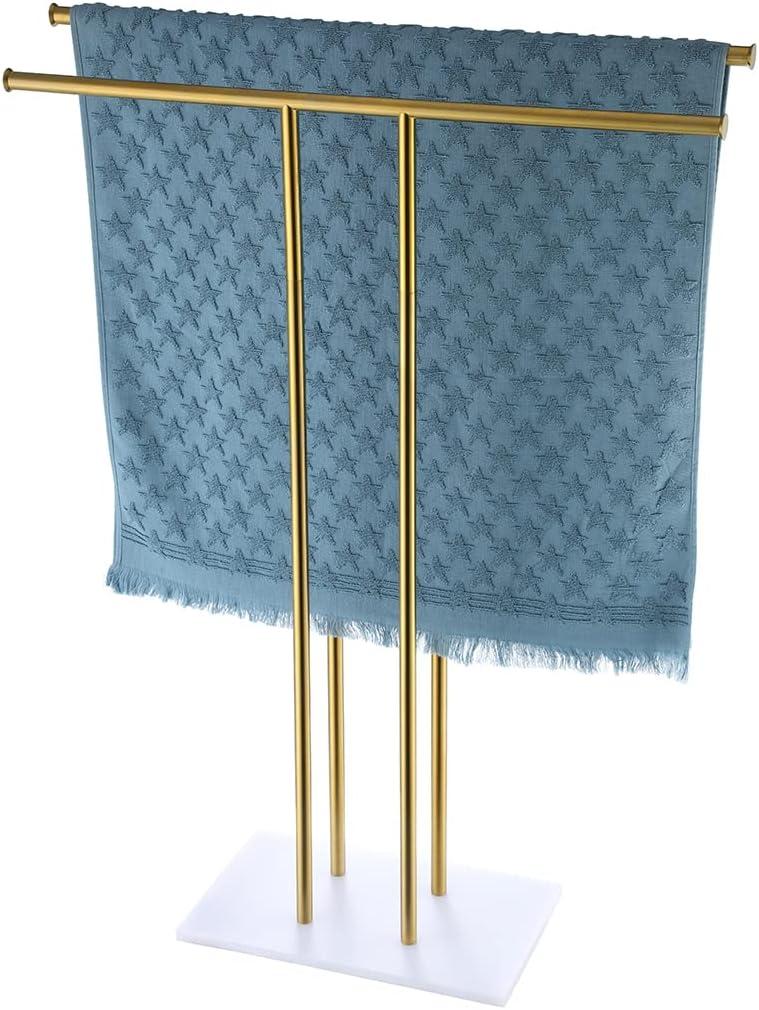 JQK Bath Towel Holder Stand Brushed Gold, 30 Inch Free Standing Double Towel Rack Shelf for Bathroom Floor, Light Gold, BTH100L30-WG