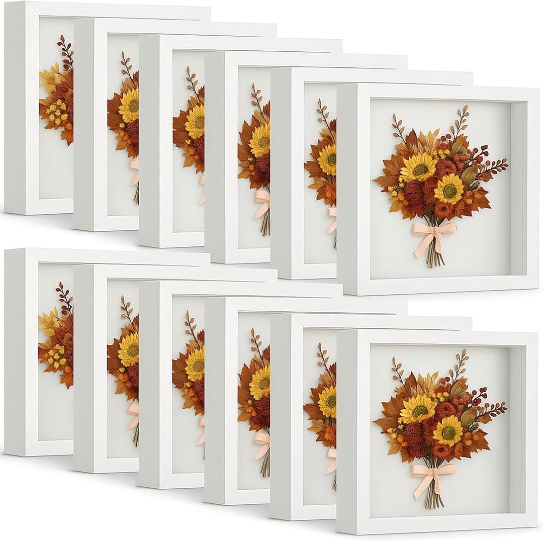 Tuanse 12 Pcs Shadow Box Bulk Display Case Plastic Shadow Box Picture Frame for Photos Flower Wedding Bouquets Pet Memorial Graduation Object Butterfly Tickets Wall Tabletop(8 x 8 Inch, White)