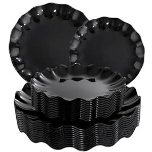 LIYH 24 Pcs Black Reusable Plastic Plates – Unbreakable Camper Dishes, Dishwasher Safe Dinner Plate Dessert Plates, Scalloped Design - Ideal for Parties, Picnics 12 Guests