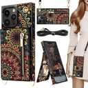 HOGGU Compatible with iPhone 16 Pro Max Case with Card Holder [RFID Blocking], Zipper Purse, Crossbody Strap, Magnetic Closure Flip Floral Leather Corners Protective Cover Case, Mandala