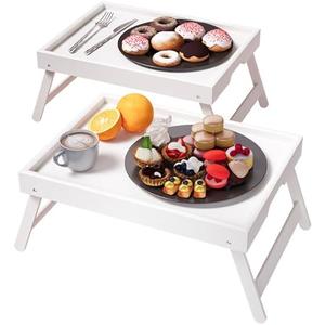 Fibogollo 2 Pack Bamboo Bed Tray Table with Folding Legs,Breakfast Trays,Serving Tray for Food and Snack,Laptop Trays for Working(White)
