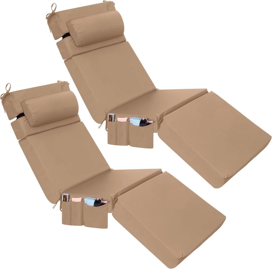 RattanView 2 Pcs Outdoor Chaise Lounge Cushion with Pillow and Side Pockets Waterproof Lounge Chair Cushions for Outdoor Furniture Patio Lounger Pad for Outside Pool Lawn (Brown,72 x 21 x 4)