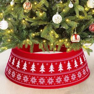 Knit Christmas Tree Collar for 5-9 FT Trees, Adjustable 23-30 Inch Tree Skirt with Snowflake & Christmas Tree Pattern, Decorative Xmas Base Cover, Red
