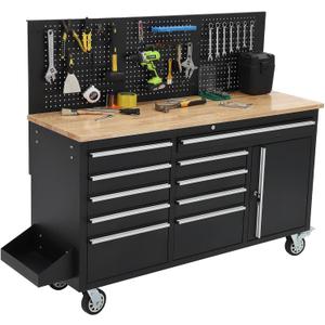 Rolling Tool Chest, 61 in Garage 10 Drawers Workbench Storage Tool Cabinet with Solid Rubber Wood Top, Power Strip, 1675 LBS Load Mobile Workstation, Heavy Duty Rolling Cabinet, Black