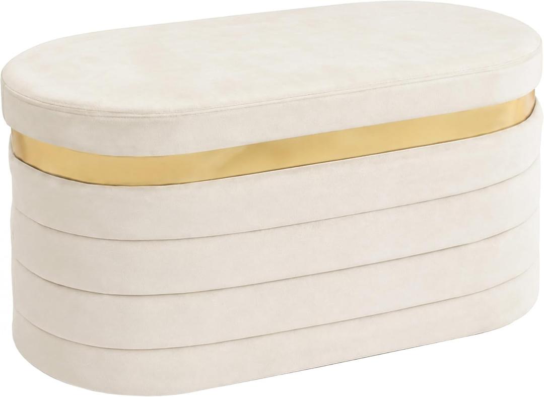 30.7 Inches Oval Ottoman Bench with Storage, Velvet Folding Footrest Ottoman, Soft Seat Cushion for Living Room, Entryway, Bedroom, Beige, 30.7"D x 15"W x 15"H