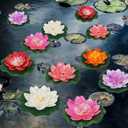 Happy Trees 12 Pcs Artificial Floating Foam Lotus Flower with Water Lily Pad, Lifelike Ornanment Home Garden Pond Decor Indian Decorations Return Gifts