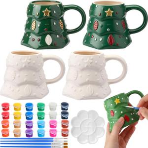 Zubebe 4 Sets Christmas Paint Your Own Mugs Craft Kit, Xmas Ceramic to Paint, Christmas Tree DIY Mugs for Adults, Festive Coffee Tea Cup for Adults with Painting Set for Xmas Craft Family Gift