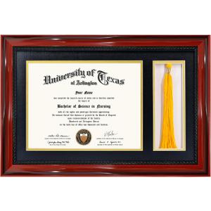 GMFrames 8.5x11 Diploma Frame with Tassel Holder, Solid Wood & Tempered Glass, Black over Gold Mat,Cherry Finish with Intricate Black Rope Detail, 11x17 for 8.5x11 with Tassel