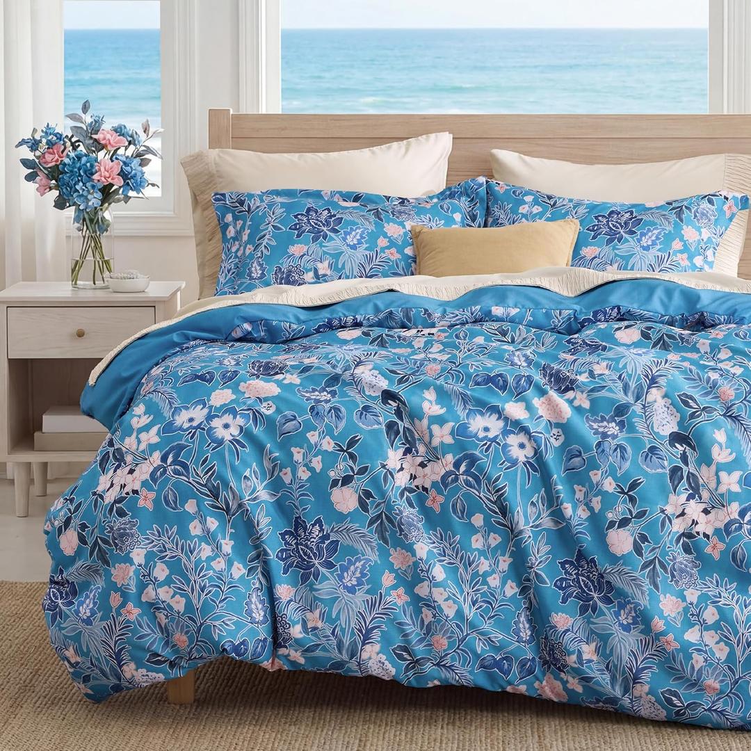 Bedsure Duvet Cover Queen Size - Reversible Blue Flowers Duvet Cover Set with Zipper Closure, 3 Pieces Bluejay Bedding Set with 8 Corner Ties and 2 Pillow Shams 20"x26"