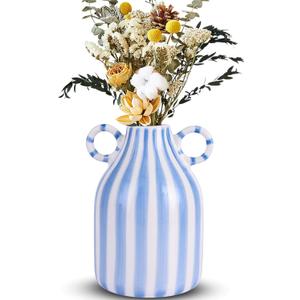Blue and White Ceramic Vase, Mid Century Modern Striped Small Vases for Flower&Pampas Grass Centerpiece, Blue White Checkered Vase for Dining Table Kitchen Tabletop Minimalist Decorative
