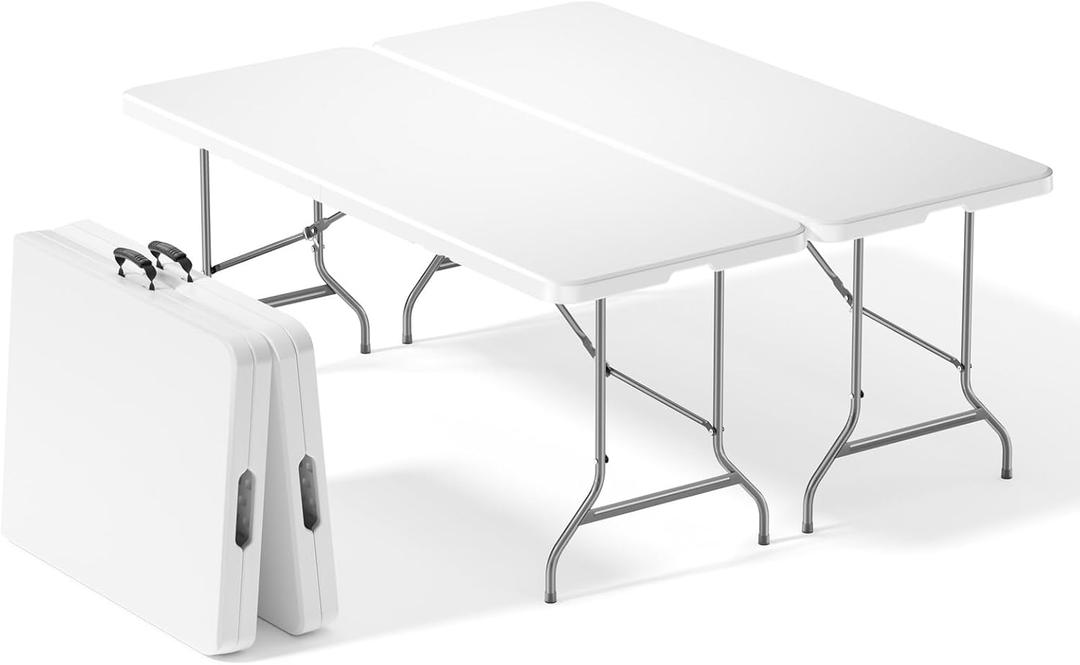 Sweetcrispy 6 FT Folding Picnic Table 2 Pack, Easy to Fold and Store | Foldable Table for Camping Picnic Dining Party Kitchen Outdoor Indoor with Carrying Handle