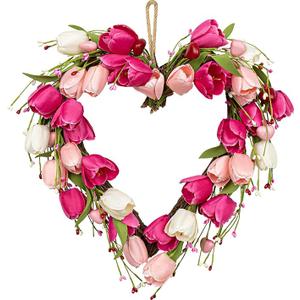 VioletEverGarden Valentine’s Day Wreath 18 Inch Valentines Day Door Wreath with White Pink Red Tulip Berry and Green Leaf Valentines Heart Wreaths for Valentine’s Day Wedding Festival Decor