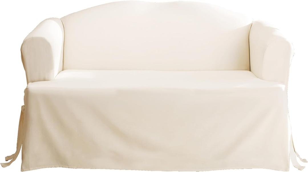 SureFit Cotton Duck One Piece Straight Skirt Slipcover, 100% Cotton, Relaxed Fit, Machine Washable, Sofa Cover, T-Cushion, Natural Color/Perfect for Protecting Your Favorite Furniture