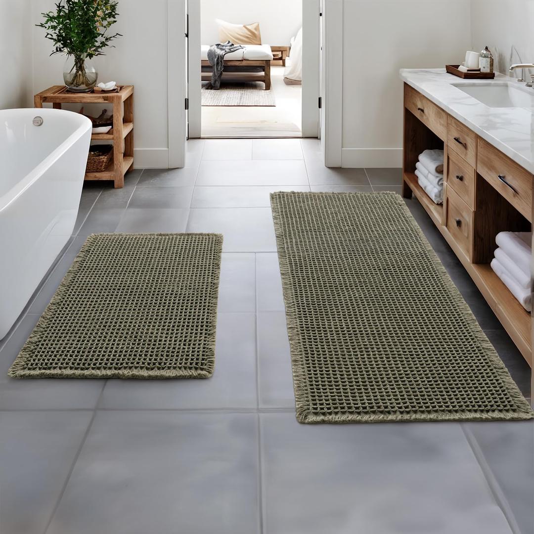 MIULEE Set of 2 Waffle Bathroom Rugs, Boho Bath Rugs Non Slip Washable, Super Absorbent Bath Mats, Ultra Soft Rubber Backed Shower Mats for Bathroom Floor, Tub, Green, 17"x24"+17"x48"