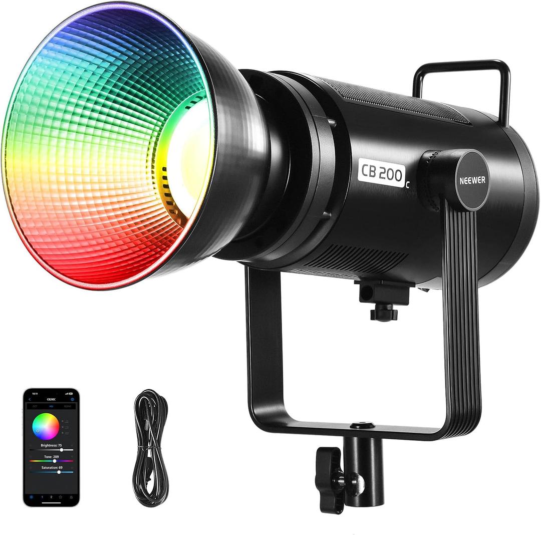 NEEWER CB200C 200W RGBWW COB LED Video Light, APP/2.4G 360 Color 2500K-7500K (Duv0.0003) 23000lux/m Bowens Metal Shell Silent Continuous Output Lighting TLCI/CRI97+ for Photography Video Recording